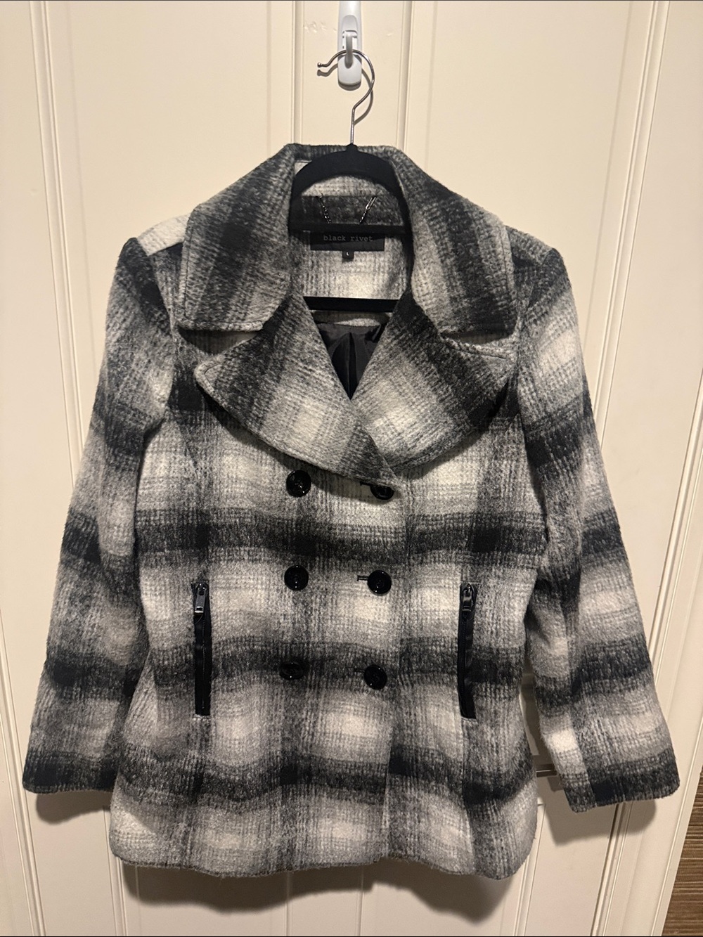 Black Rivet Women's Black & White Plaid Double-Breasted Pea Coat